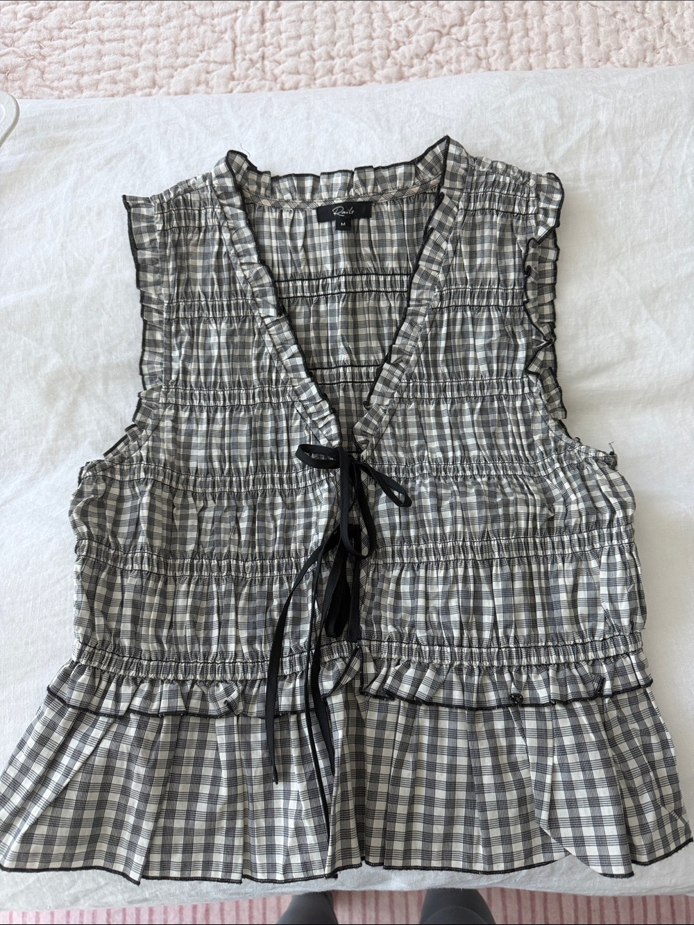 Rails Black & White Gingham Ruffle Tie-Front Top